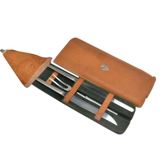 Vintage Arthur Salm Stainless Steel Carving Set 3-Piece In Leather Case - Picture 1 of 9